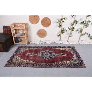 Alfombra turca clásica roja y azul Vintage de 3,6x6,9 pies, patrón de retales de área grande para pasillo, dormitorio, lana con respaldo de látex para cabecera - Product Image 1