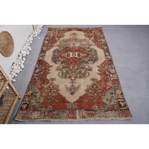 Turkish Rug, 4.2x7.2 ft Area Rug, <b>Red</b> Camouflage <b>Wool</b> Vintage Rug - Product Image 1