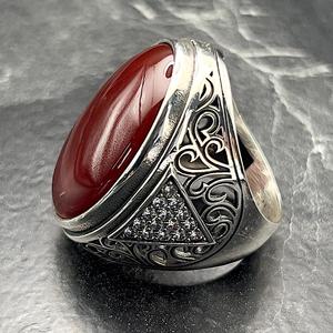Handmade Vintage Oval Statement <b>Ring</b> for <b>Men</b> Bold Agate Gemstone Jewelry <b>Silver</b> Red Color Unique Fashion Accessory Gift for Him - Product Image 4