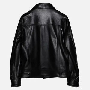 Classic Black Leather <b>Trucker</b> <b>Jacket</b> for <b>Men</b> Genuine Leather Casual Outerwear with Button Front and Dual Chest Pocket Design - Product Image 2
