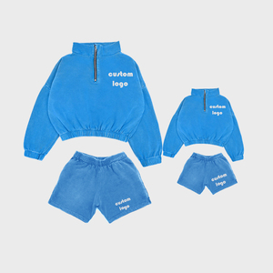 OEM logotipo personalizado conjunto de Jogger lavado con ácido media cremallera sudadera de gran tamaño de lana pantalones cortos conjuntos Streetwear 2 piezas trajes cortos - Product Image 1