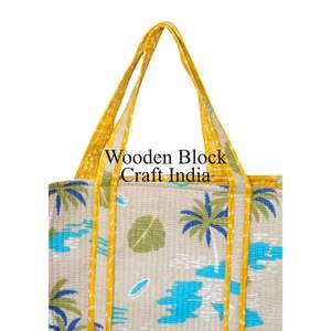 Sac fourre-tout en coton imprimé à la main pour femmes, sac fourre-tout écologique matelassé indien, accessoires de vacances - Product Image 2