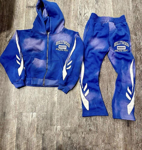 Custom Distressed Embroidery Patch Sweatsuit Streetwear Sweatpants and Hoodie Set Sun Faded Stone Acid Washed Men Tracksuit - Product Image 1