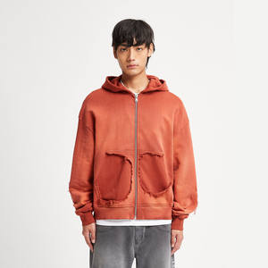 Sweats à capuche personnalisés en coton mélangé pour hommes en détresse imprimé lavé à l'acide sweat à capuche surdimensionné avec fermeture éclair coupe carrée Streetwear avec strass pour hommes - Product Image 2