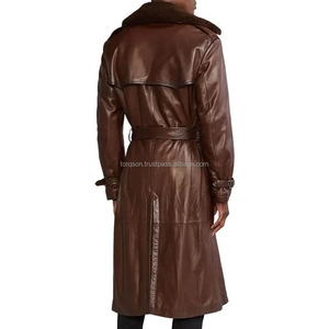 <b>Men's</b> Leather Trench Coat <b>Double</b> <b>Breasted</b> Long <b>Overcoat</b> with Belt Customizable Color Button Decoration Cowhide Breathable & Warm - Product Image 6