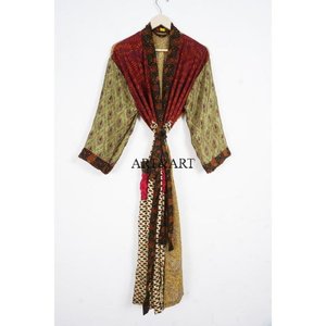 Vintage Elegant Silk Sari Kimono Women's Bathrobe Nightgown Bohemian Beachwear Sexy Soft Sleepwear High Quality - Product Image 6