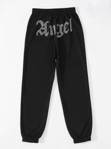 Pantalones de chándal con cordón sueltos informales ligeros para mujer con capucha y apliques de diamantes de imitación para exteriores y uso diario - Product Image 2