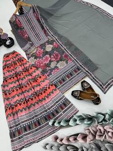 Lourd Designer indien décontracté fête porter Faux Georgette impression numérique et vrai miroir travail à la main haut Palazzo et dentelle bordure Dupatta - Product Image 5