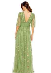 Robe longue à col en V profond avec ceinture, manches courtes et encolure longue ornée du dos, brodée pour les fêtes et les occasions - Product Image 6