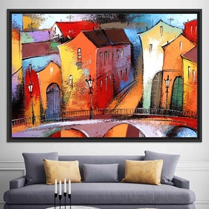 Vue sur la ville en vitrail moderne : Impression sur toile, TOILE ENCARTÉCHÉE NOIRE - Product Image 1
