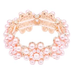 Rose Gold Plated Bohemian <b>Stretch</b> <b>Bracelet</b> With Pink Imitation Pearls Flower Design Women's Fashion Jewelry Bangle - Product Image 1