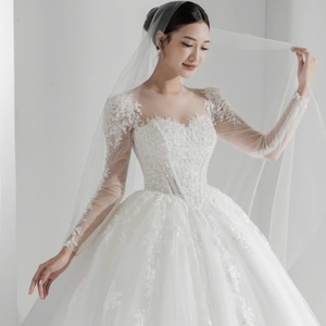 OEM personalizado DRSS nuevo modelo vestido de novia Sexy elegante bola diseño hecho a mano flor encaje rebordear de talla grande manga larga verano - Product Image 1