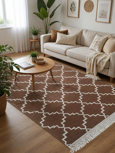 Alfombra Decorativa Reversible Hecha a Mano de Algodón Dhurrie, Color Marrón Tierra, con Diseño de Rejilla de Diamantes y Flecos de Borlas para Sala de Estar - Product Image 3