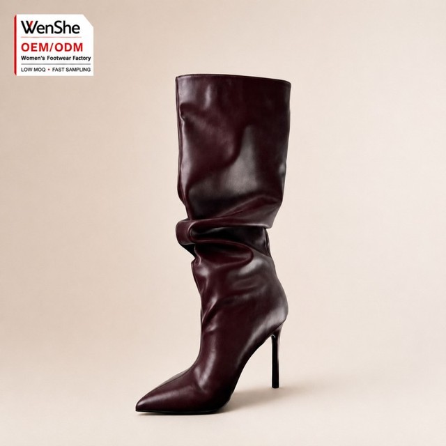 Custom ODM Women Burgundy Leather Slouchy Knee High Boots Pointed Toe Stiletto High Heel Winter Autumn Fashion Ladies Shoes