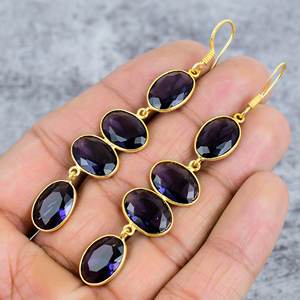 Boucles d'oreilles pendantes en améthyste violette avec quatre pierres précieuses en argent sterling 925 avec placage à l'or - Product Image 3