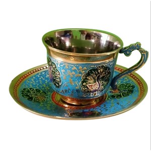 Brass Tea <b>Cup</b> <b>and</b> <b>Saucer</b> Set Embossed Design Coffee Mug <b>Cups</b> <b>and</b> <b>Saucers</b> an Easy Grip for Little Hands Home <b>and</b> Kitchen Ware - Product Image 4