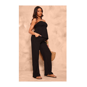 กางเกงขาบานผ้าชีสสีดำสำหรับสตรีชุดเดรสฤดูร้อนแบบกำหนดเอง - Product Image 1