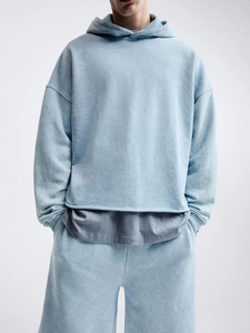 เสื้อฮู้ดดี้ผ้าโพลีเอสเตอร์/คอตตอนสีฟ้าอ่อน พิมพ์โลโก้ตามสั่ง ทรงโอเวอร์ไซส์ กันลม ไม่มีกระเป๋า ชายเสื้อแบบดิบ ตัดโลโก้ด้านหน้า เหมาะสำหรับฤดูหนาว - Product Image 4