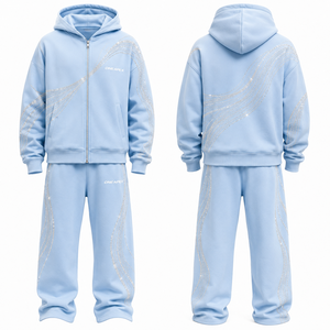Conjunto Deportivo Personalizado con Pedrería Azul Claro, Sudadera Oversize y Pantalones Anchos, Estilo Urbano, Fabricante OEM ODM, Marca Privada, MOQ al por Mayor - Product Image 1