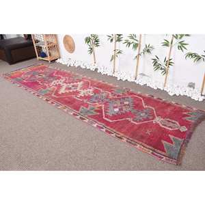 Tapis Vintage en Laine 2.9ft X 10.7ft Rouge Gris Patchwork Rectangle Design pour Entrée Chambre Lit Peluche 325cm X 88cm Latex Soutenu - Product Image 1