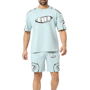 Conjunto de Shorts de Verano para Hombre, Estilo Casual, Poliéster/Algodón, con Logotipo Personalizado, Camiseta de Cuello Redondo, Shorts con Cordón, Tejido de Punto - Product Image 1