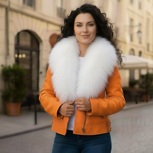 Blouson aviateur en cuir véritable pour femme avec col en fourrure, fermeture éclair sur le devant, streetwear d'hiver, blouson de motard - Product Image 3