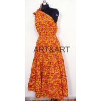 Robe décontractée en coton indien style bohème hippie faite à la main, imprimé floral, manches coréennes, épaule asymétrique, froncée naturellement, respirante