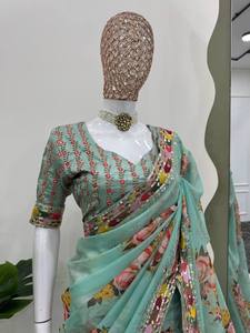 Hermoso diseñador Saree Tibby tela de seda con impresión digital con hilo y secuencia de trabajo y blusa Mono Bangalori tela de seda - Product Image 3