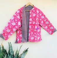Jaket Wanita Rajutan Tangan Musim Dingin, Bahan Katun Cetak Bunga Vintage, Bolak-Balik, Cetak Blok India, Kancing Berdiri