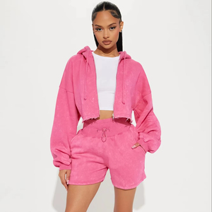 Haut à capuche personnalisé de haute qualité délavé soleil délavé en coton biologique avec fermeture éclair complète en polaire pour femmes - Product Image 1