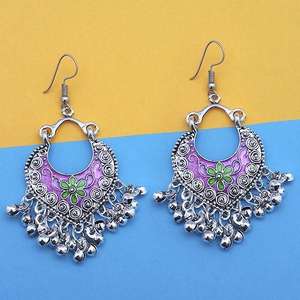 Tip Top Fashions 1312435C Pendientes Meenakari afganos chapados en plata púrpura y verde Accesorio de moda hacia adelante - Product Image 1