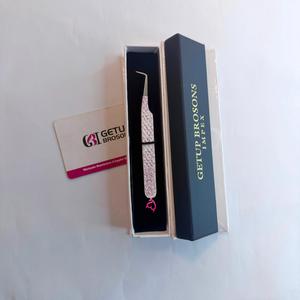 Pince à épiler pour extensions de cils, logo personnalisé OEM, 90 degrés, type L, anti-magnétique, durable, longueur 10 mm, finition pailletée rose - Product Image 3