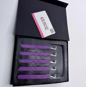 Venta al por mayor GETUP BROSONS IMPEX Pinzas para extensión de pestañas de acero inoxidable antimagnéticas con recubrimiento en polvo morado, agarre de diamante y punta plateada - Product Image 6