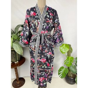 Handprinted Boho Housecoat Reiner Cotton <b>Kimono</b> Summer Dress with Black Bird Stripes Indian Style <b>Beach</b> Cover-Up 1 Piece - Product Image 1