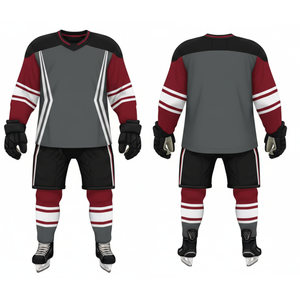 ชุดฮอกกี้น้ำแข็งสำหรับผู้ชาย ยอดนิยม - สีเทาเข้ม สีแดงเลือดหมู สีขาว ลายเรขาคณิต - ชุดกีฬาแบบซับลิเมชั่นเต็มตัวสำหรับทีม - Product Image 3