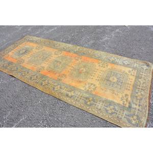 Vintage Turkish <b>Rug</b> Classic Orange Green Patchwork Design 4.3x9.8ft Wool Viscose Material Latex Backing for Living Room <b>Bedroom</b> - Product Image 2