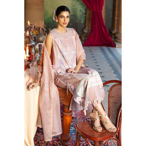 Ensemble 3 pièces élégant brodé en tissu Dobby avec imprimé floral, coupe trapèze, taille naturelle, et dupatta en tissu transparent brodé Zari - FE-52024 - Product Image 4