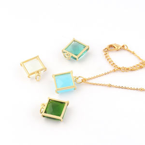 Bijoux de mode bohème forme carrée à facettes Aqua calcédoine ensemble pendentif collier plaqué or perlé chaîne collier bijoux - Product Image 5