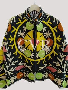 Abrigo con Cuello Mandarín Bordado a Mano con Diseño Floral, Talla Grande, Estilo Bohemio Informal para Mujer, Ropa Exterior de Otoño con Cierre de Cremallera y Manga Larga - Product Image 4