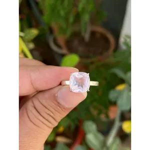925 Silver Cushion Cut Rose <b>Quartz</b> Gemstone <b>Ring</b> Geometric Pattern with Rhodium Plating Hip-hop Style for Everyday Wear - Product Image 1