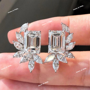 Elegant Silver Moissanite Diamond <b>Earrings</b> in Sterling Silver <b>Emerald</b> Cut Diamond <b>Earrings</b> With Marquise Accents For Women - Product Image 2