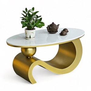 Muebles Modernos para Sala de Estar SOTA, Mesa de Centro Ovalada de 100x50x43cm con Tapa de Piedra y Patas de Hierro, Convertible y Decorativa-TT68267 - Product Image 1