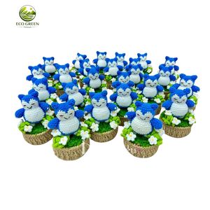 Macetas de Conejito Rosa Tejidas a Mano con Flores Azules, Decoración de Primavera y Pascua para Interiores y Exteriores, Adorno Redondo para Sala de Estar - Product Image 2