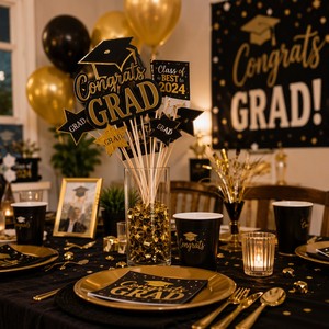 Décorations de table noires et dorées pour fête de remise des diplômes, centres de table et toppers de table pour la promotion et les anniversaires - Product Image 3