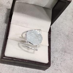 Bague pour femme en argent sterling 925, pierre précieuse naturelle aquamarine, pierre de naissance de mars, double bande, bijoux faits à la main, Noël - Product Image 5