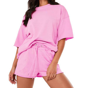 Tenue de gymnastique deux pièces pour femmes en coton doux motif solide au-dessus du genou Short à cordon et T-shirt ajusté - Product Image 3