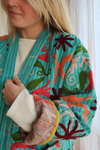 Vintage Bohemian Suzani Knitted Cotton Winter Short Jacket for Women Breathable <b>Pink</b> Embroidered Fashionable Design Free Edge - Product Image 2