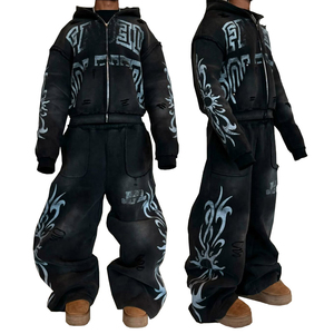Ensemble survêtement et sweat à capuche surdimensionné en coton 100% lourd, délavé à l'acide, coupé et zippé, personnalisé pour le streetwear - Product Image 2