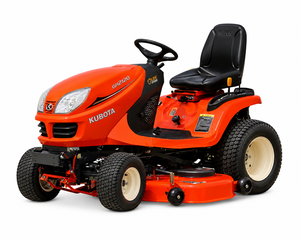 Tractor cortacésped Kubota GR2120 rojo con tracción en las cuatro ruedas y transmisión de engranajes, fácil de operar. - Product Image 1