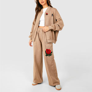 Premium Quality Winter Women Acid Wash Chenille Embroidery 100% Cotton Heavyweight <b>Eco</b>-Friendly Tracksuit Set - Product Image 3